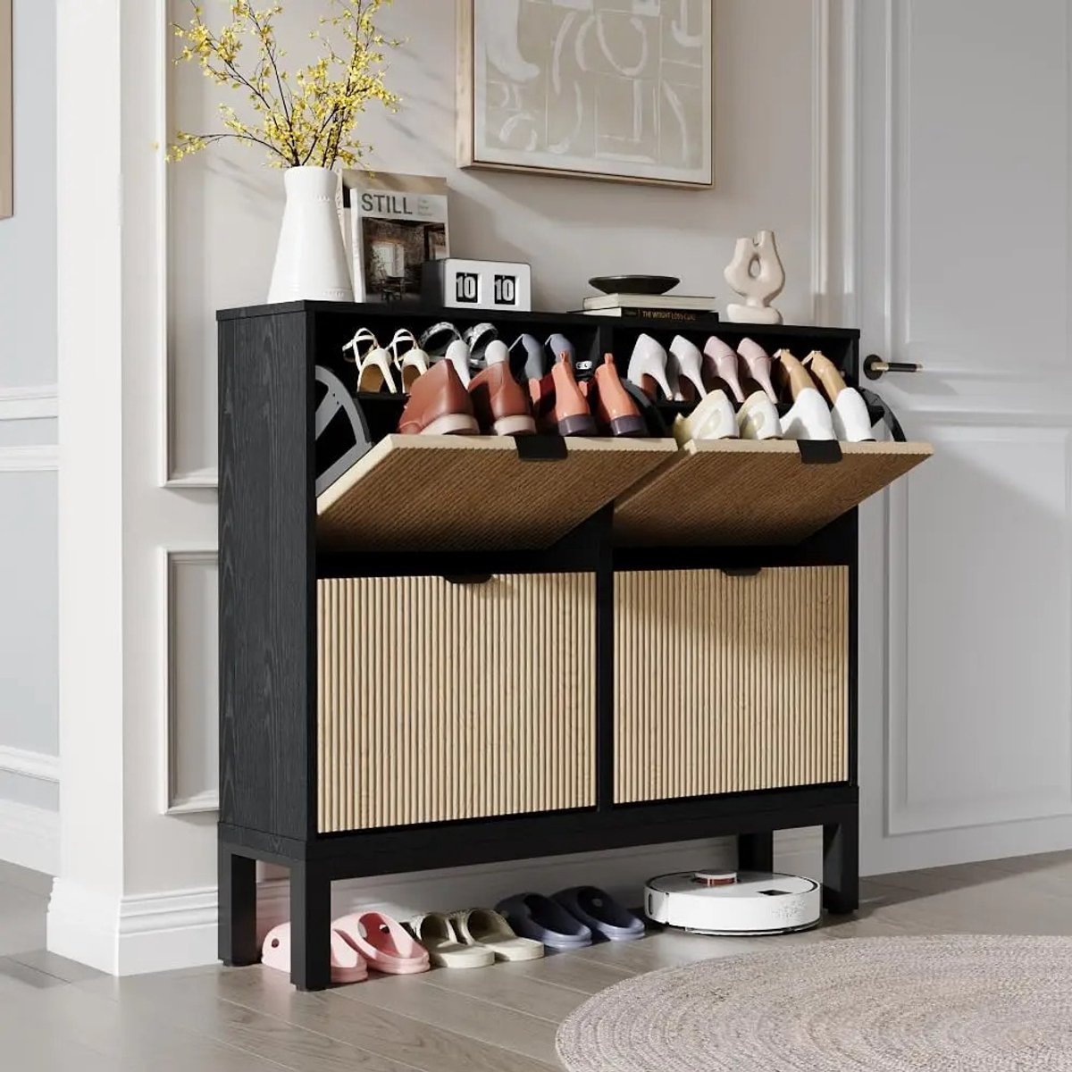 SureDeal® - Schoenenkast - Natuurlijk Rotan - 4 Klapladen - Vrijstaand - Modern - zwart (6154501534558)