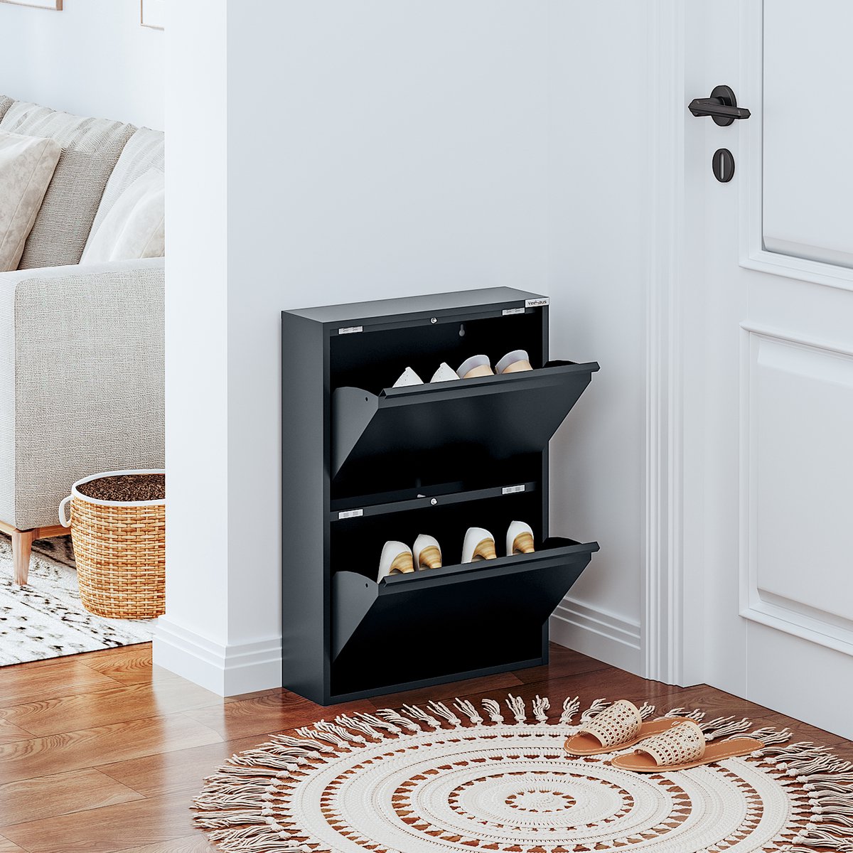 VEEHAUS® - Paplet - Praktisch Schoenenrek -Schoenenrek antraciet - Schoenenrek met 2 Niveaus - Schoenenkast antraciet - Schoenenrek metaal industrieel - Metaal - 50 x 70 x 15cm -Antraciet (8720598052046)