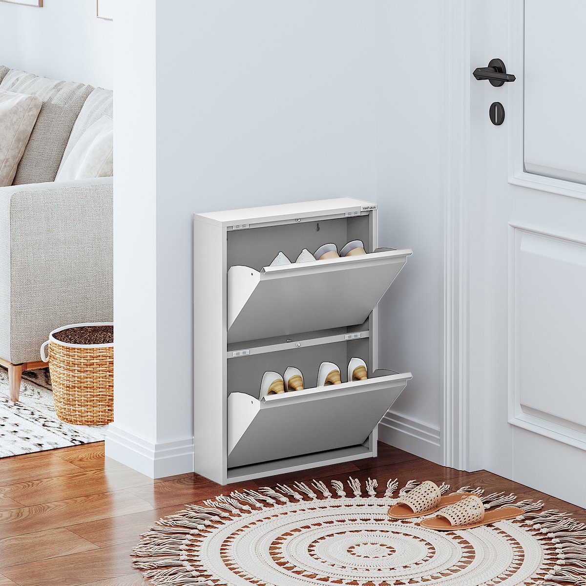 VEEHAUS® - Paplet - Praktisch Schoenenrek -Schoenenrek grijs - Schoenenrek met 2 Niveaus - Schoenenkast grijs - Schoenenrek metaal industrieel - Metaal - 50 x 70 x 15cm -Grijs (8720598052022)