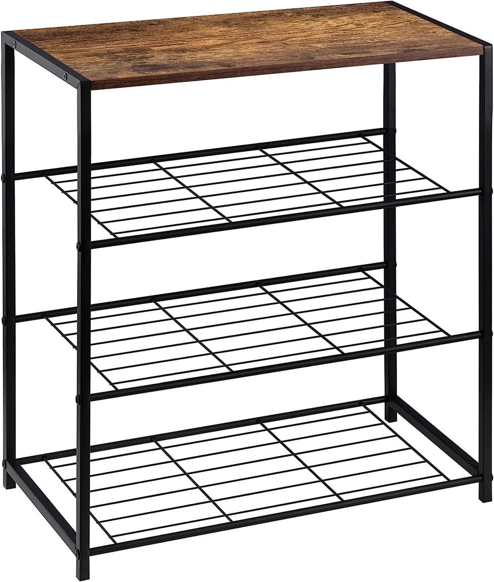 WARRAICH-Schoenenbankje met Zitplaats - Schoenenrek en Badkamerplank, Zwart + Vintage Houtlook, 63x30x63 cm (8721328631524)