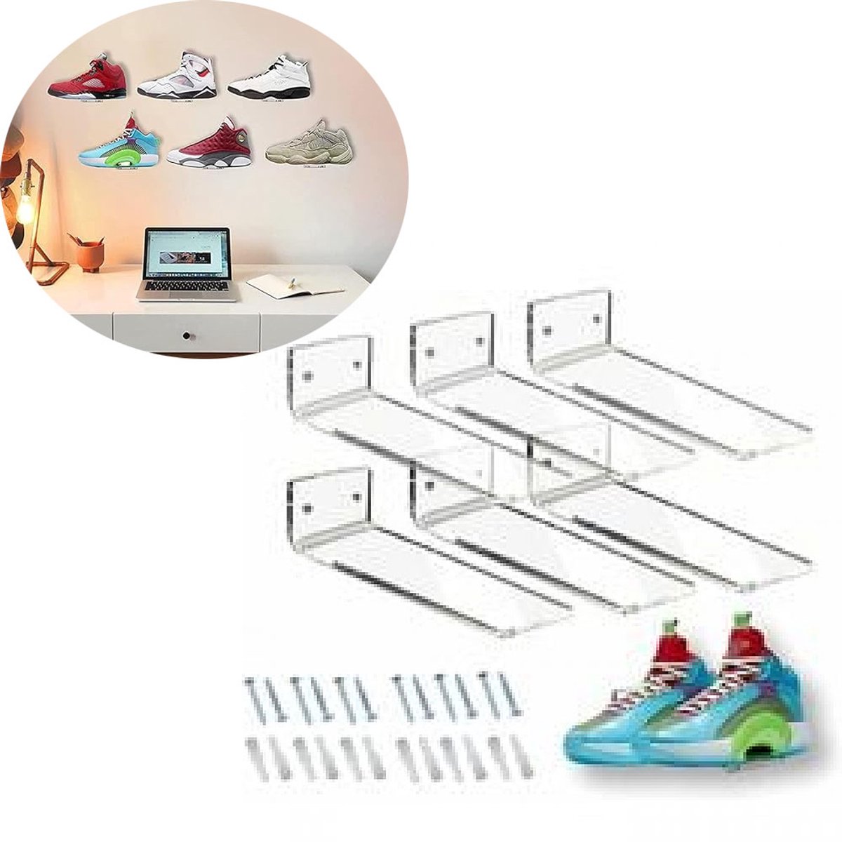 Wandgemonteerd schoenenrek - Schoenen Organizer - Multifunctioneel pantoffelrek - Universeel - 6 stuks- 20.3x5.1x7.6cm- Transparant (9498652007798)
