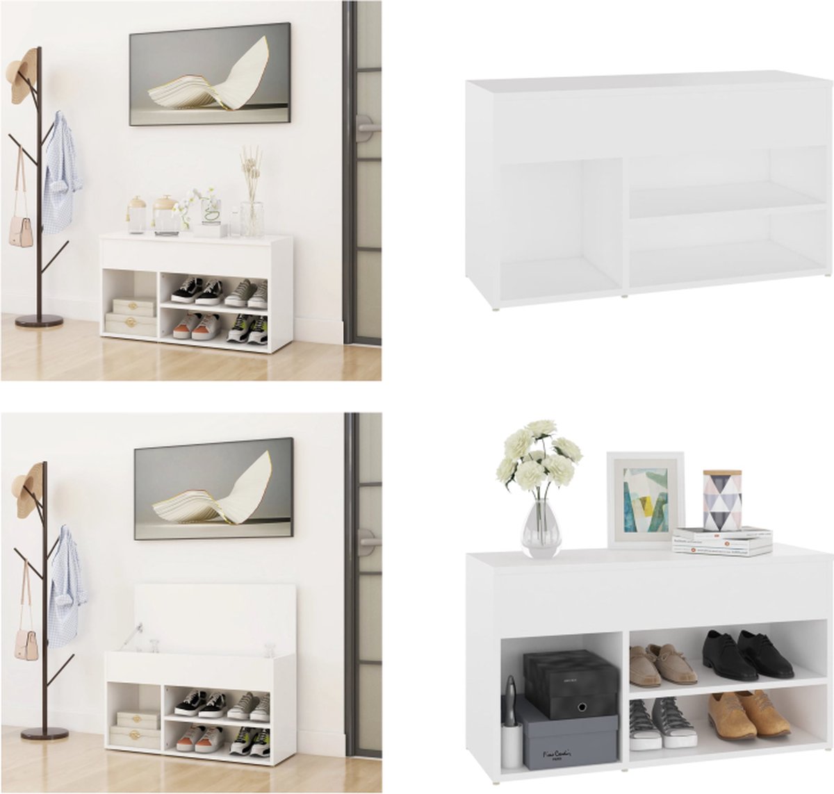 vidaXL Schoenenbank 80x30x45 cm bewerkt hout wit - Schoenenbank - Schoenenbanken - Opbergbank - Opbergbanken (8721114831190)