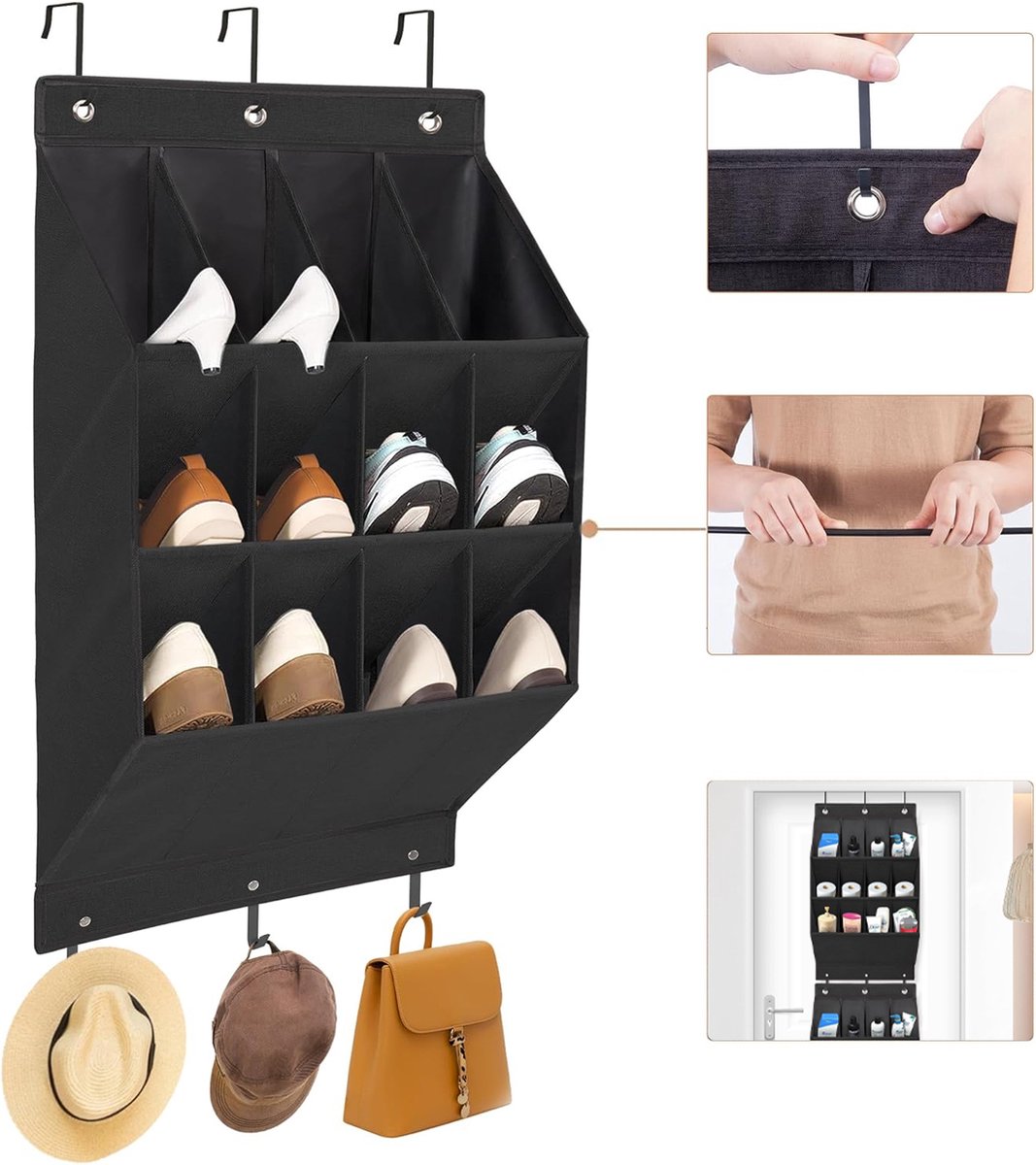 1 stuks - zwart De schoenenhanger-organizer - Over de deur schoenenorganizer - Over de deur hangende schoenenorganizer - 12 zakken - schoenenopbergrek organisator - voor deur, de muur, de kastroede of waar dan ook worden gehangen - Kasten - Schoenen (9389495658707)