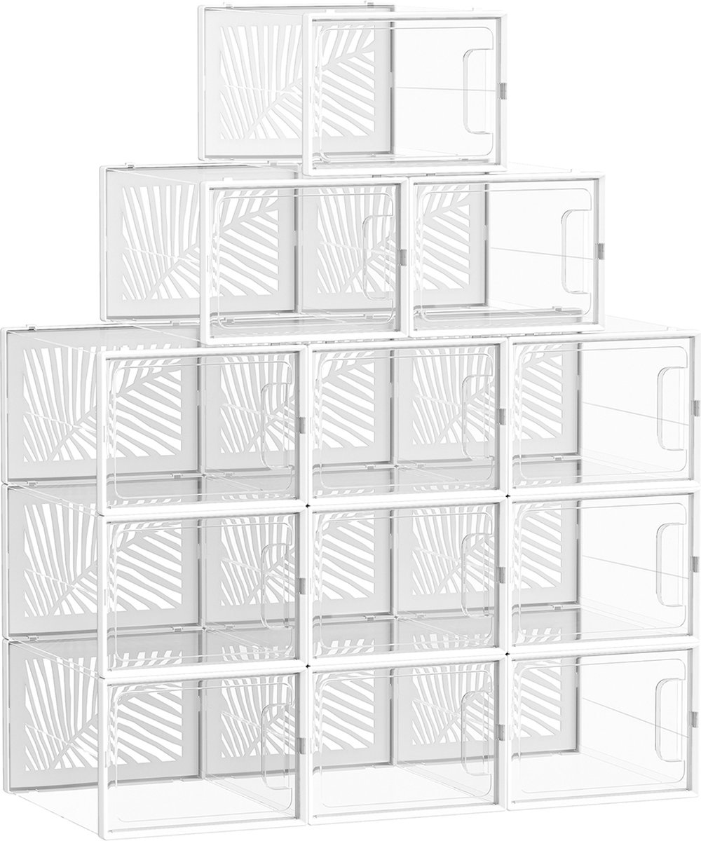 12-pack schoenendoosorganizer - transparant wit - opvouwbaar en stapelbaar - PET-lichaam - HIPS-frame - 35 cm x 25,5 cm x 19 cm (6152945933913)