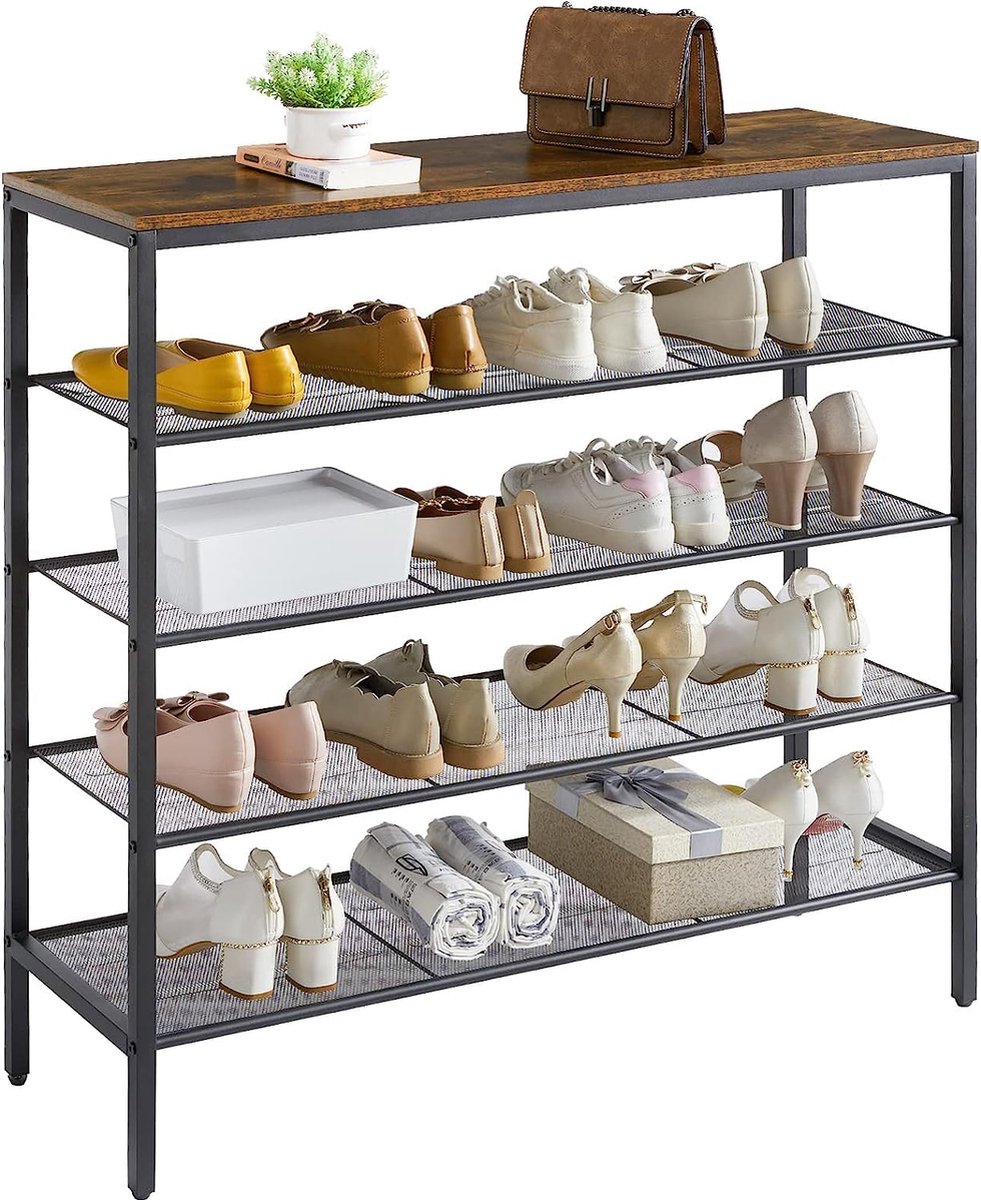 5-laags schoenenrek, schoenopbergorganizer voor 20 paar, 100 x 30x 95cm, industriële schoenenplank voor gang, entree, kast, badkamer, vrijstaand schoenenrek stevig rustiek bruin HTMJ084H (7595980426771)