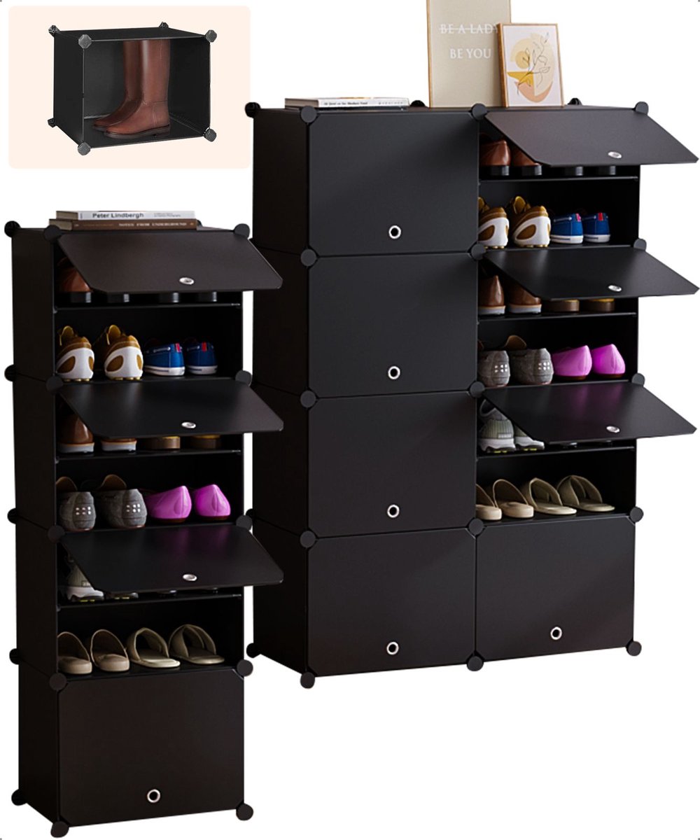 Bellettini® Verstelbaar Schoenenkast - Schoenenrek met ruimte voor 32 schoenen - Zwart (8720726108423)