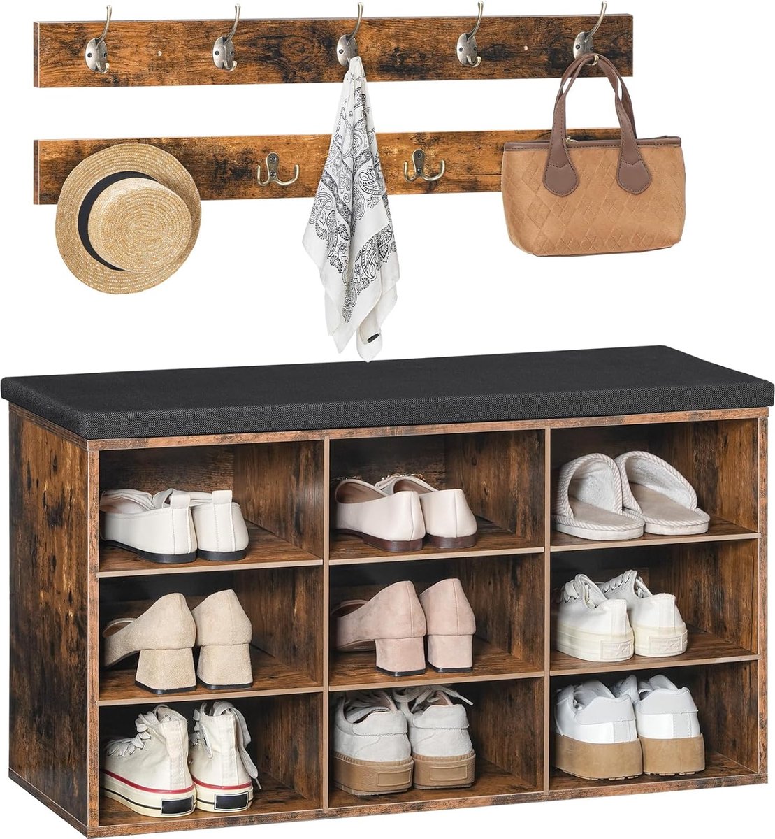 Garderobe schoenenrek set, schoenenbank met 9 vakken, schoenenrek met gevoerde zitbank, wandgarderobe met 9 haken, schoenenkast voor hal, entree, slaapkamer, vintage bruin (5487569971814)