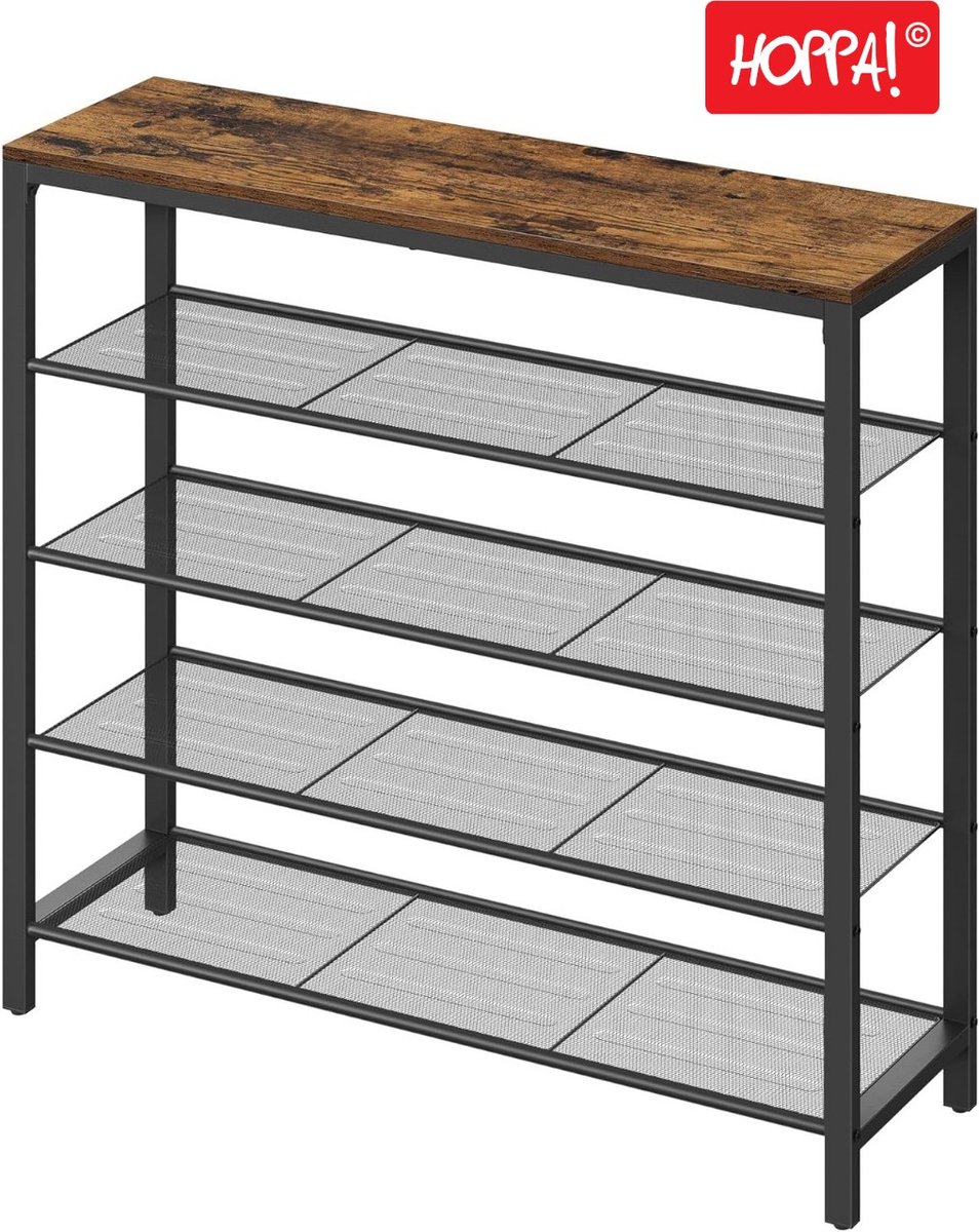 Hoppa! Vintage Metalen Schoenenrek 4 Lagen | Bruin | Metaal | 90 x 30 x 92.5 cm (B x D x H) (8720791947422)