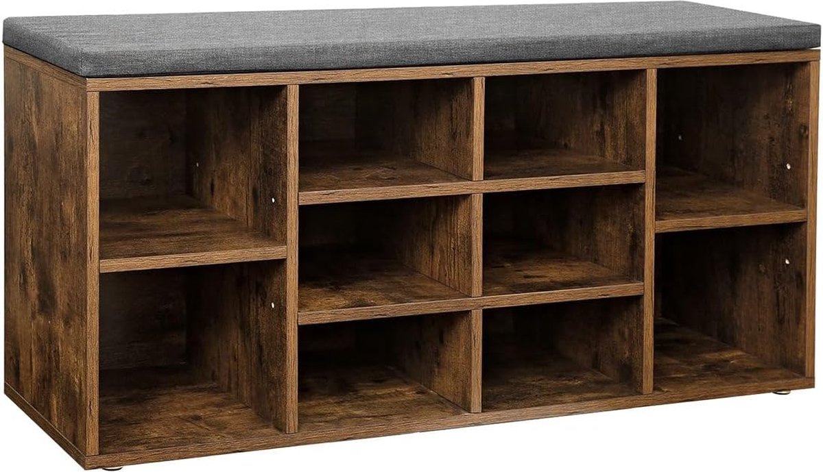 Hoppa! schoenbank, schoenenrek, schoenenrek, bank, 10 vakken, met bekleding, voor entree, gang, slaapkamer, 104 x 30 x 48 cm, vintage, donkerbruin (8720574117738)
