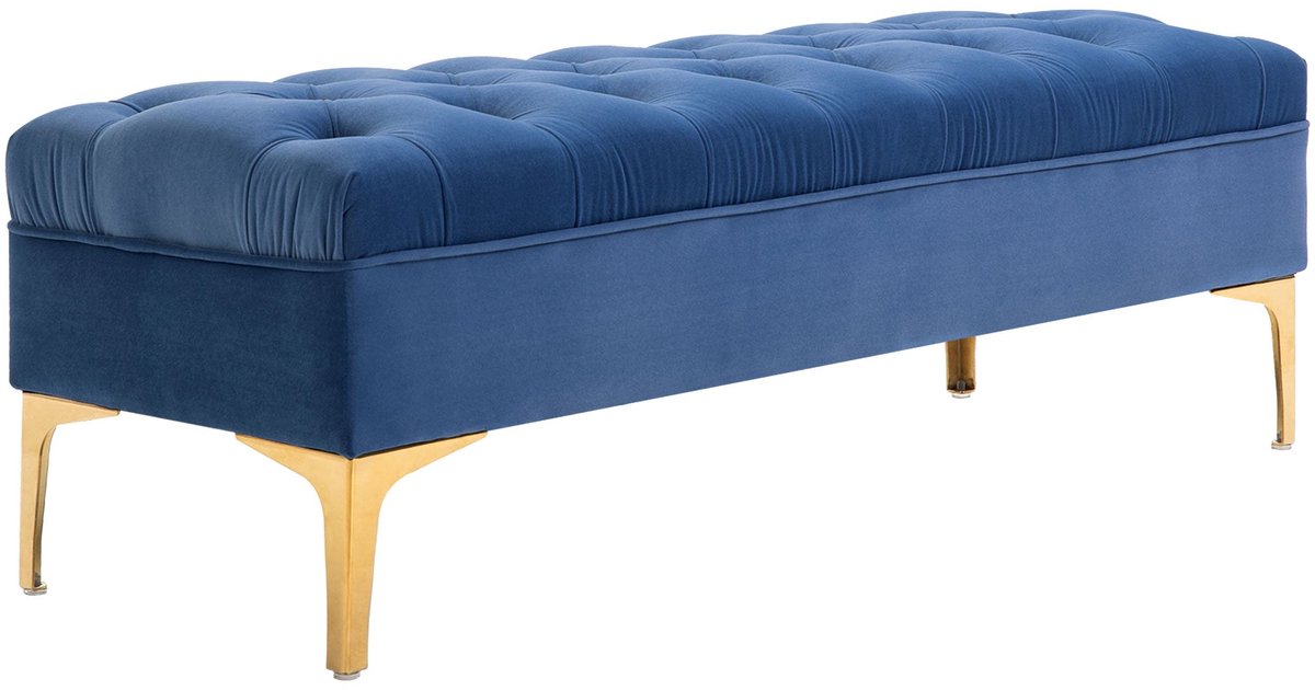 Merax Blauwe Fluwelen Zitbank - 118x45x42 cm - Opbergbank met Gouden Poten - Slaapkamerbank of Schoenenbank - Gestoffeerde Bank voor Hal of Voeteneinde Bed (8721178466697)