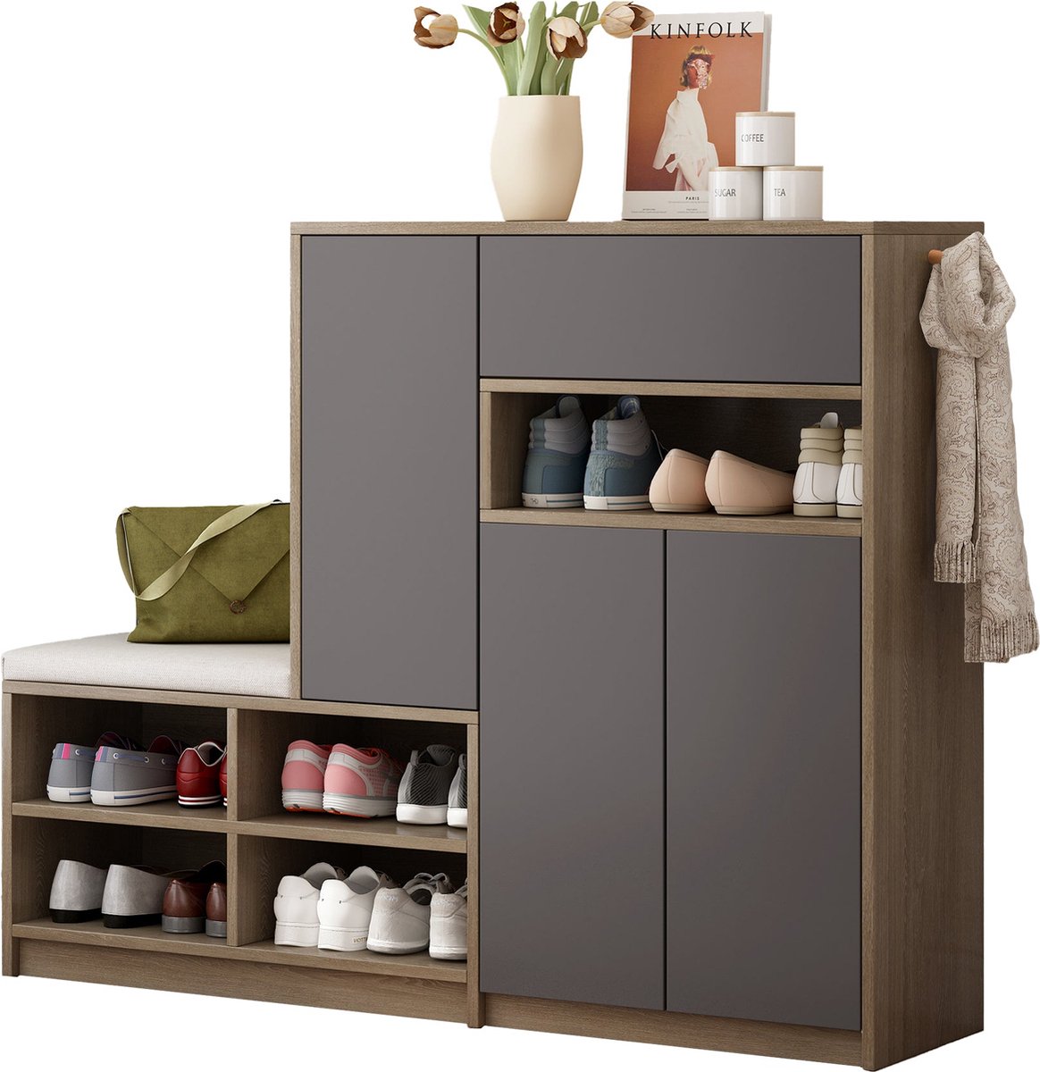 Merax Grijze Schoenenbank en Schoenrek met Kussen - Multifunctioneel Schoenenopbergsysteem met Verstelbare Planken voor de Gang - 140x35x110 cm (8721178454380)