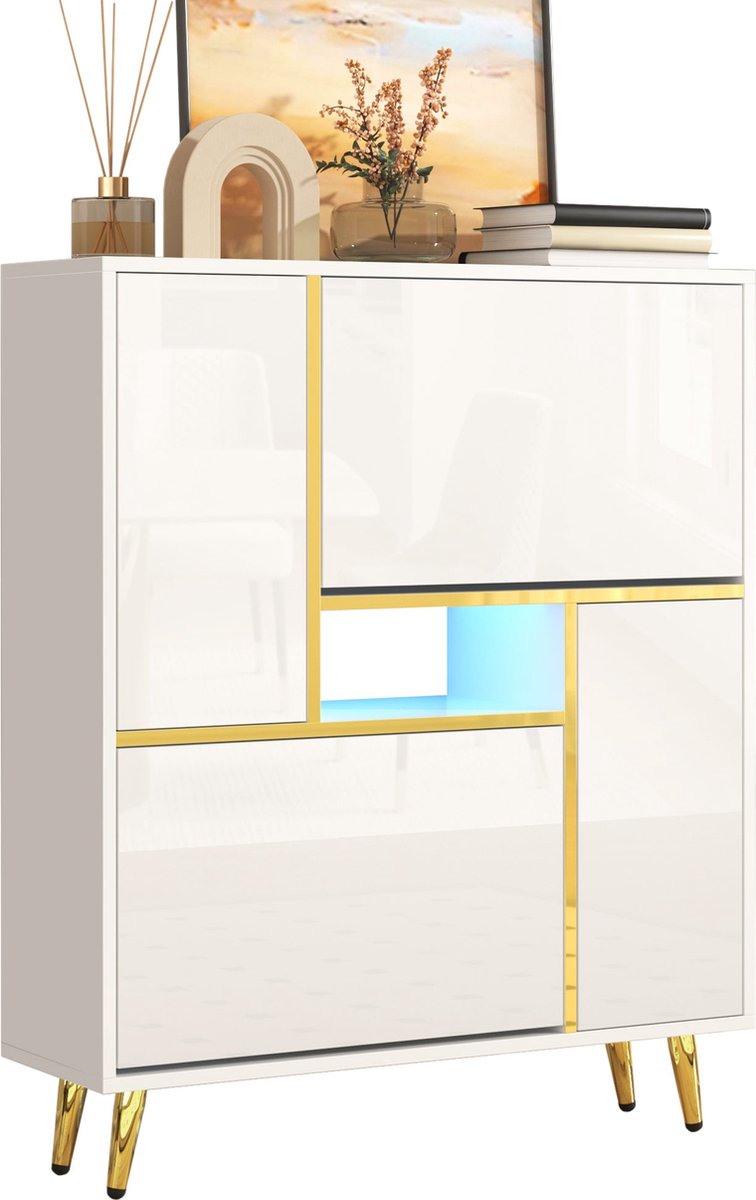 Merax Moderne Schoenenkast met LED Verlichting - Hoogglans Deuren - Verstelbare Schappen - Wit - 80x25x96 cm (8721178454205)