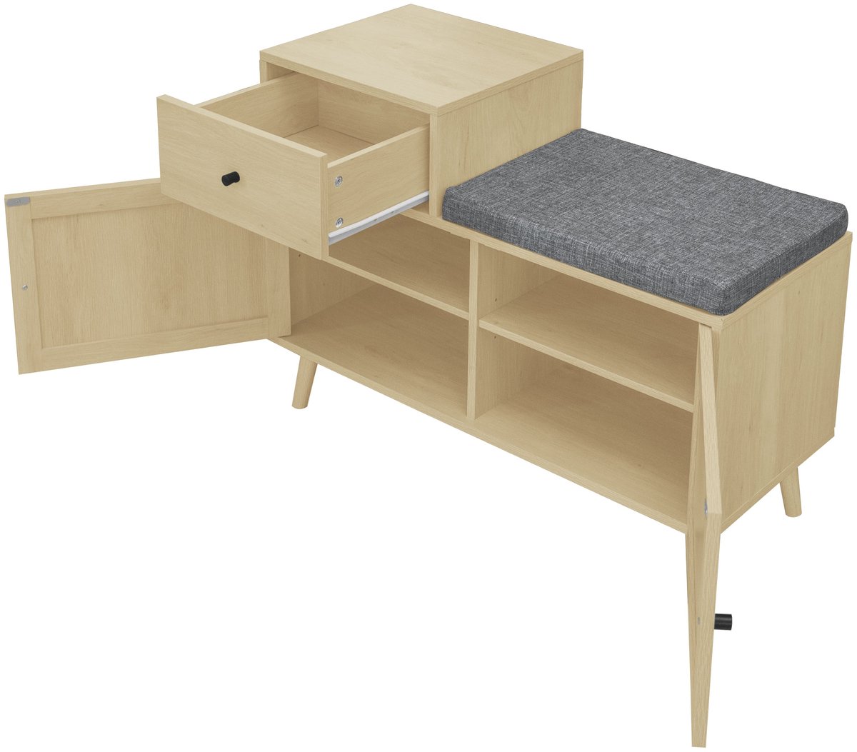 Merax Schoenenbank Met Rotan Deuren In Houtlook Met Lade En Zacht Zitkussen 90x35x65 cm Voor Hal Of Gang (8721178464921)