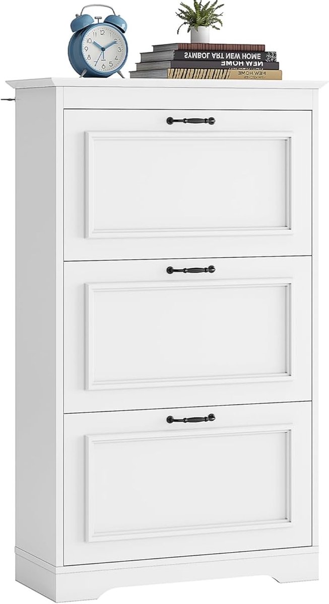 Retadou - Schoenenkast, wit, schoenenkast met 3 kleppen, schoenenkast, schoenenrek met verstelbare en afneembare scheidingswanden, voor 14-18 paar schoenen, houten schoenenkast voor de ingang, hal (6152246291217)