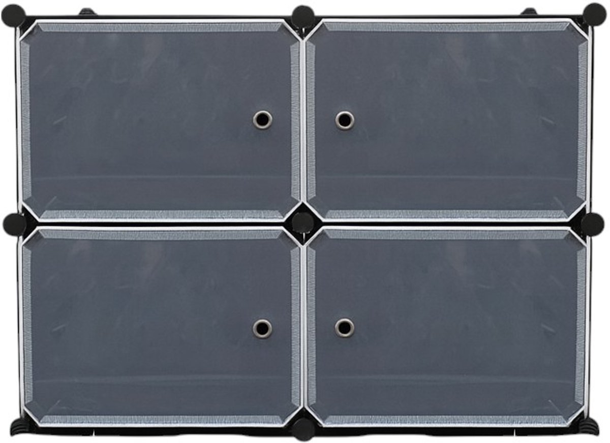 Schoenenkast - 4 Vakken - 81 x 65 cm - Stijlvol & Ruimtebesparend - Kunststof Opbergkast met Deurtjes - Zwart/Grijs (8720964706139)