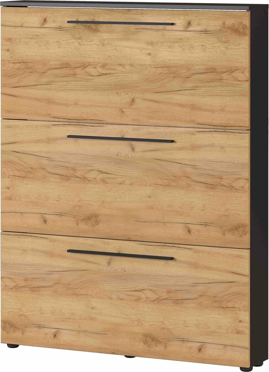 Schoenenkast Santana Eiken - Grafiet - Breedte 100 cm - Hoogte 129 cm - Diepte 19 cm - Met kleppen (6097130360399)