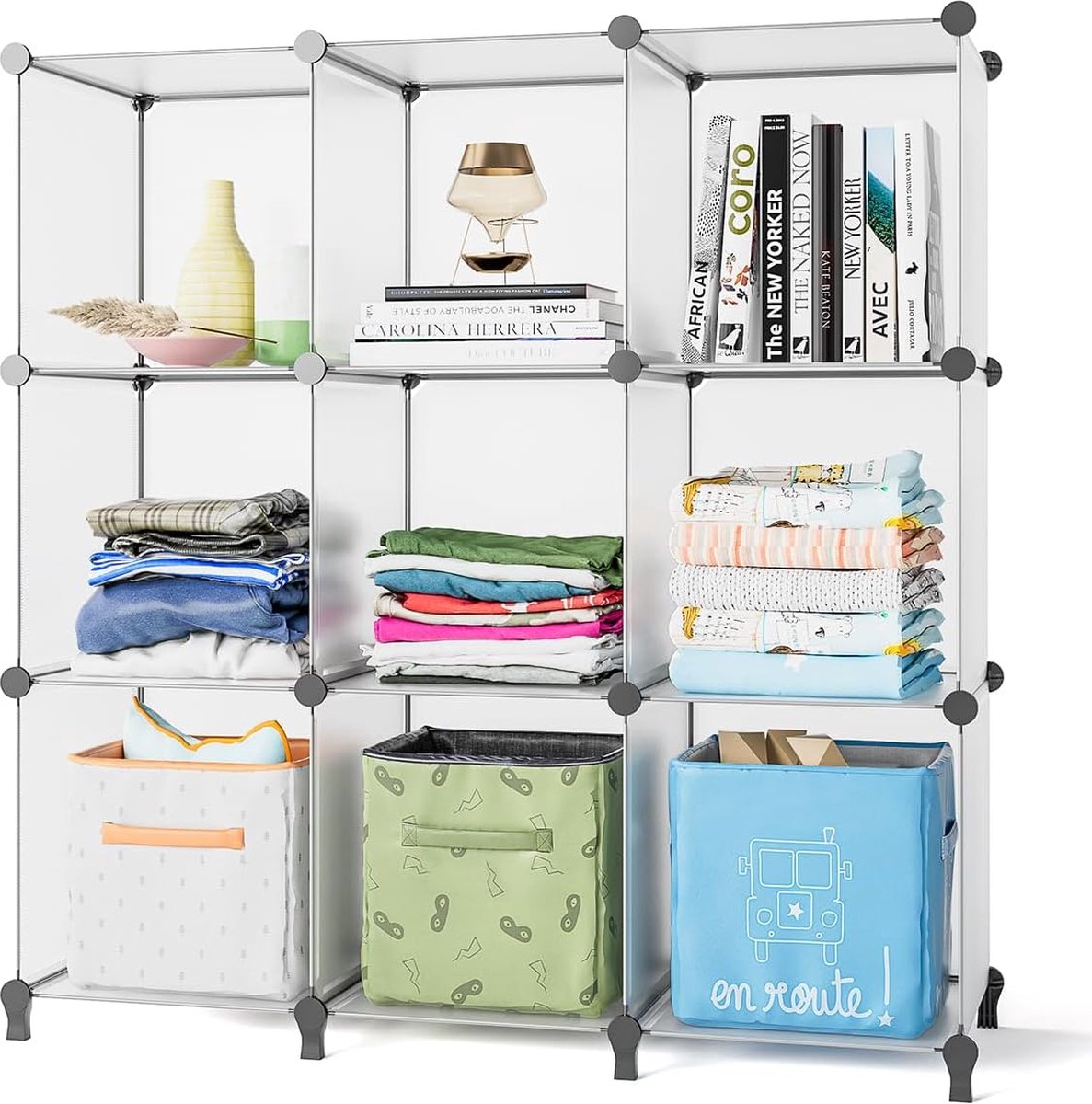 Schoenenrek, DIY Cube planksysteem, set van 9 steekplanken, ruimteverdeler van kunststof, opslag van kleding, schoenen, voor slaapkamer, semi-transparant (6975960390116)