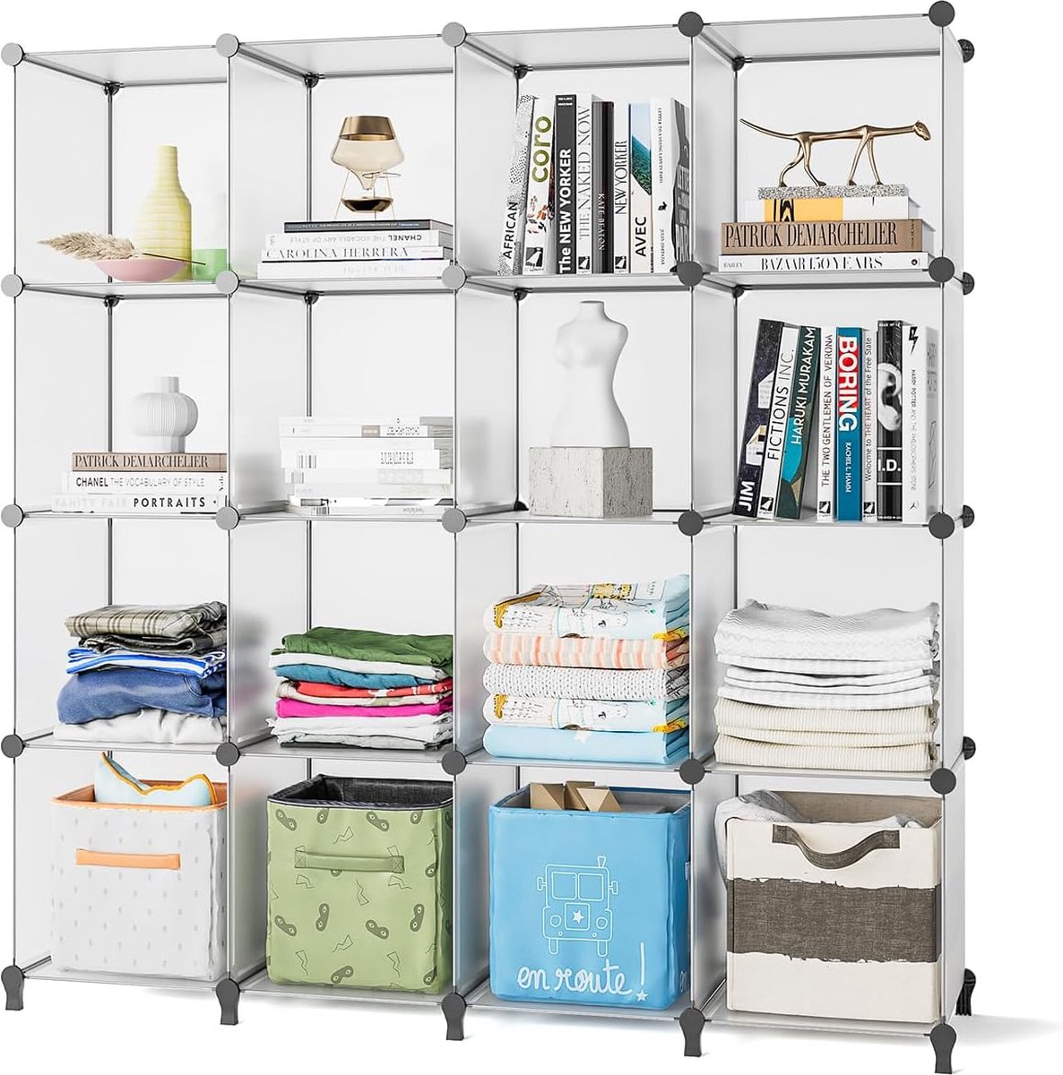 Schoenenrek, DIY Cube reksysteem, set van 16 kubussen, 30 x 40 cm, ruimteverdeler van kunststof, opslag van kleding, schoenen en boeken, 16 stuks, semi-transparant (6975960390079)