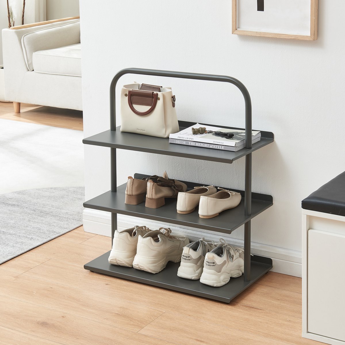 Schoenenrek Poytya met 3 planken antraciet 73x60x32 cm [en.casa] (4059438950827)