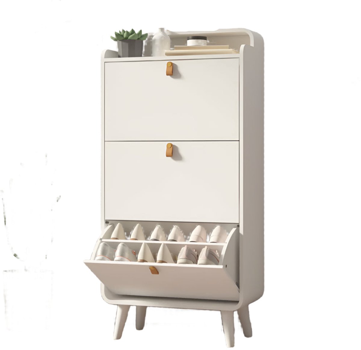 Schoenenrek - Smalle Schoenenkast - Schoenopberger - Schoenenkastje - 3 Uitklapbare Laden - Ruimtebesparend - MDF Met Houten Poten (8721391021406)