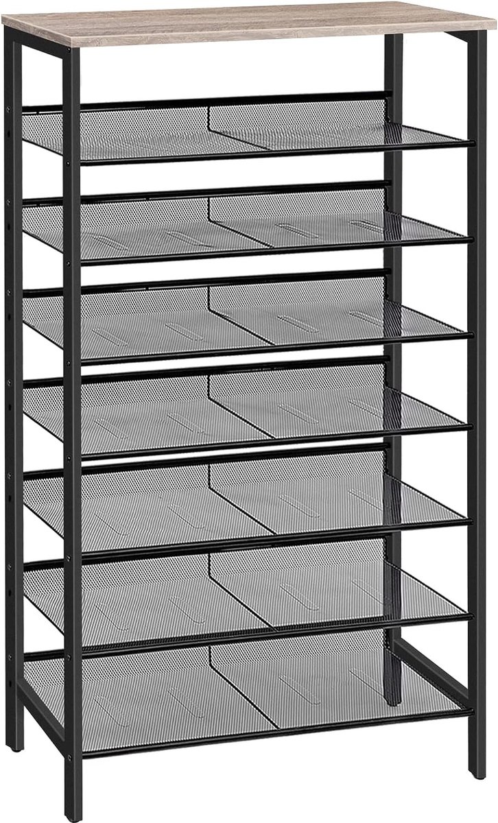 Schoenenrek met 8 niveaus, hoog smal schoenenrek, 75 x 30 x 137 cm, platte en kantelbare roosterplanken, voor 24-32 paar schoenen, metaal, voor entree, hal, greige-zwart EBG18XJ01 (7593919955187)