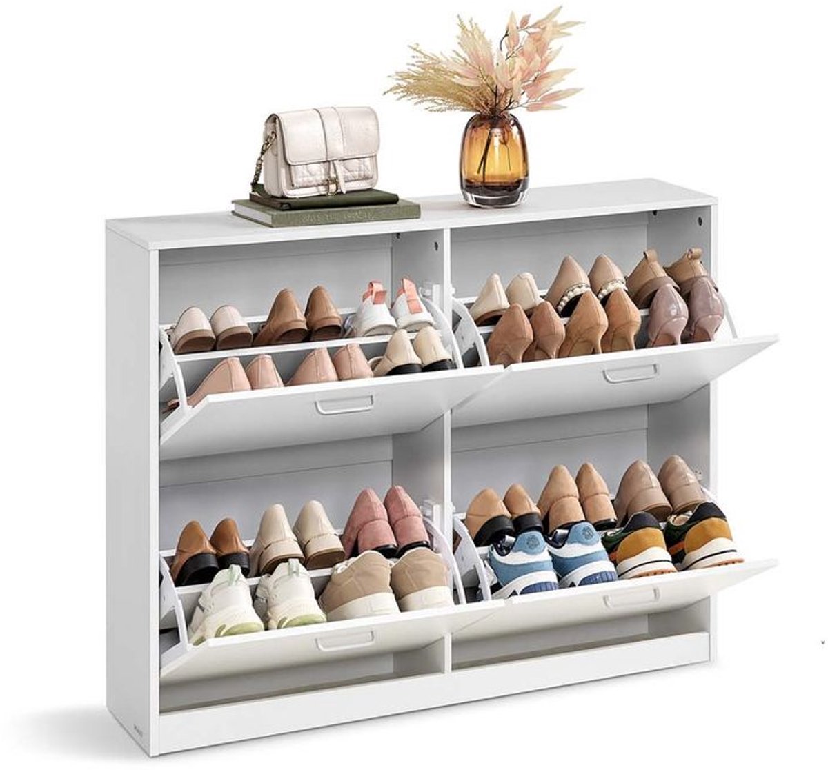 Signature Home Schoenenkast 4 kleppen - Schoenenrek Schoenenverdeler - Verstelbaar voor 16-28 paar schoenen - Gang - wit - 24 x 105,5 x 82,7 cm (8720849725163)