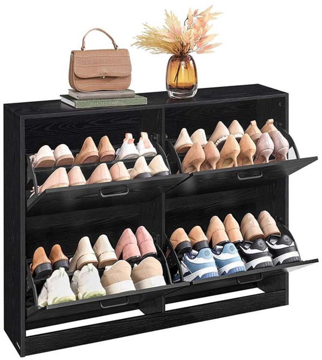 Signature home Miami Schoenenkast 4 kleppen - Schoenenrek Verstelbaar voor 16-28 paar schoenen - Gang - Ebbenhout Zwart - 24 x 105,5 x 82,7 cm (8720849725071)