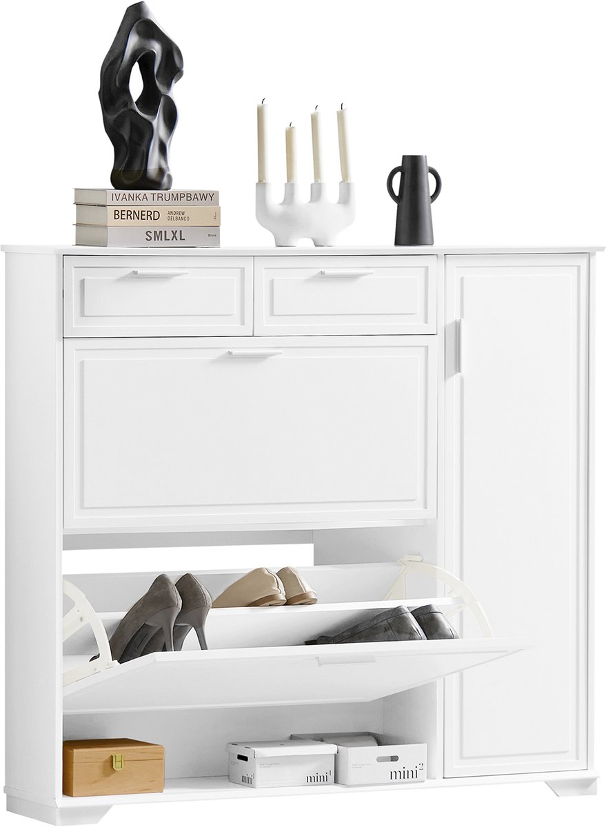SoBuy FSR104-W Schoenenkast - Witte Houtcomposiet met 2 Lades & Kleppen (4251388617533)
