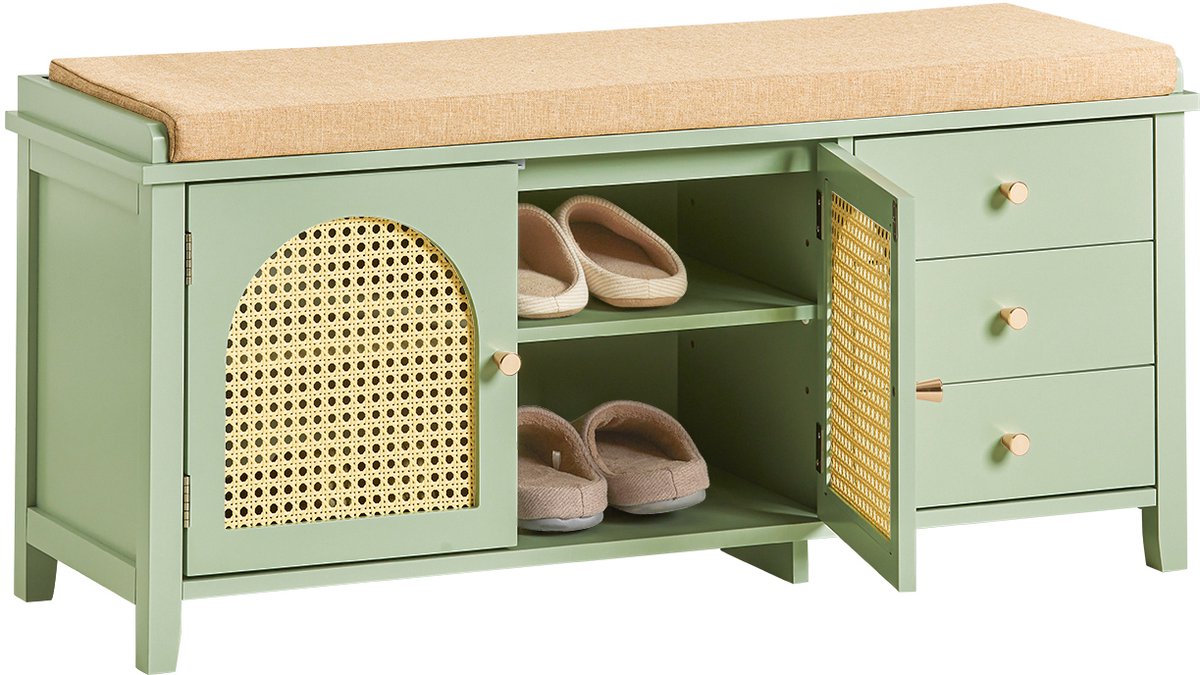 SoBuy FSR129-GR Schoenenbank - Groen Houten Opbergbank met 3 Lades (4251388619001)