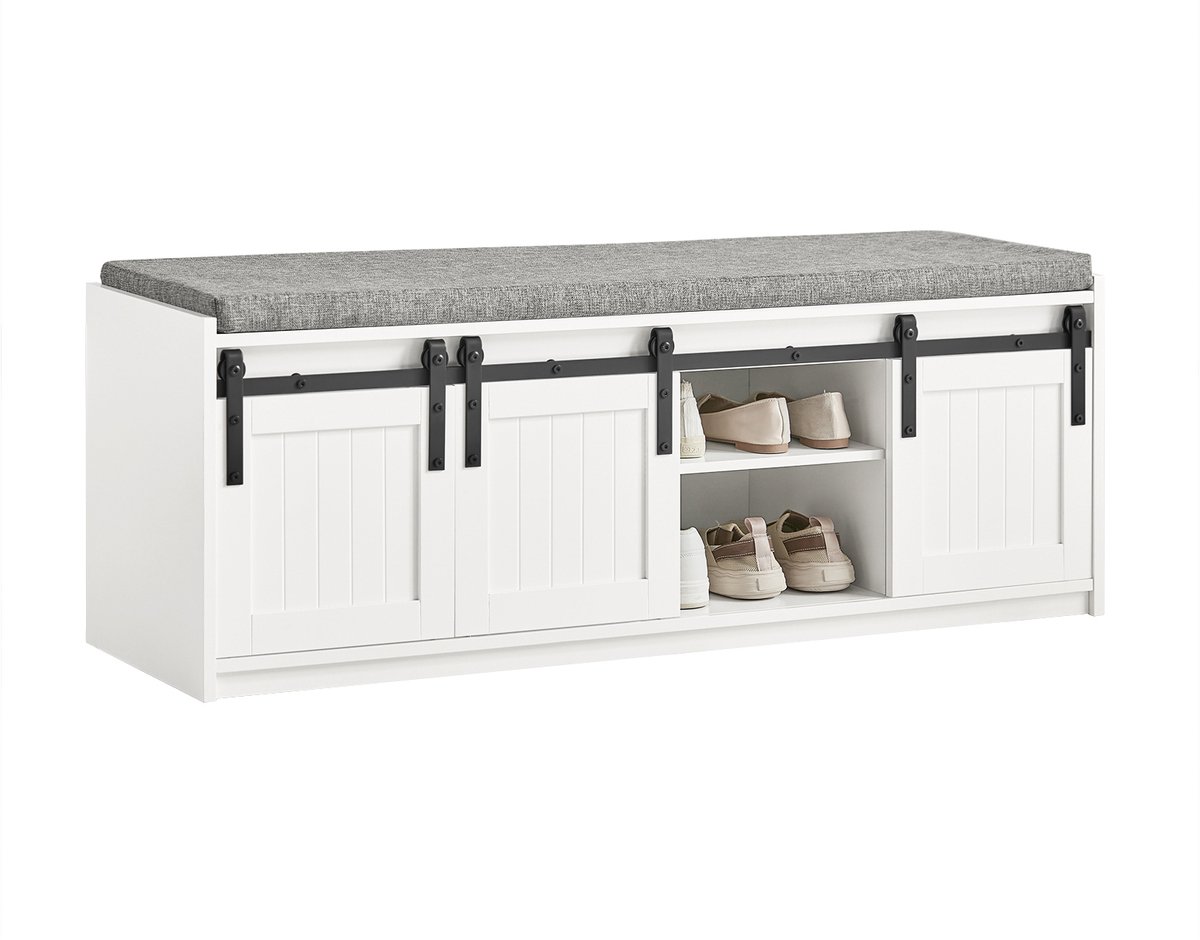 SoBuy FSR133-W Schoenenbank - Witte Opbergbank met Kussen & Schuurdeur (4251388619124)