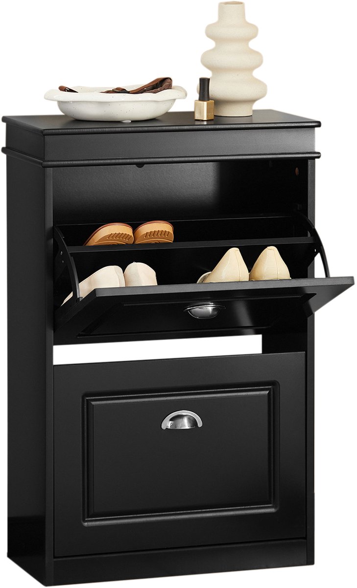 SoBuy FSR78-SCH Schoenenkast - Zwart Houtcomposiet met 2 Kleppen & 4 Planken (4251388618844)