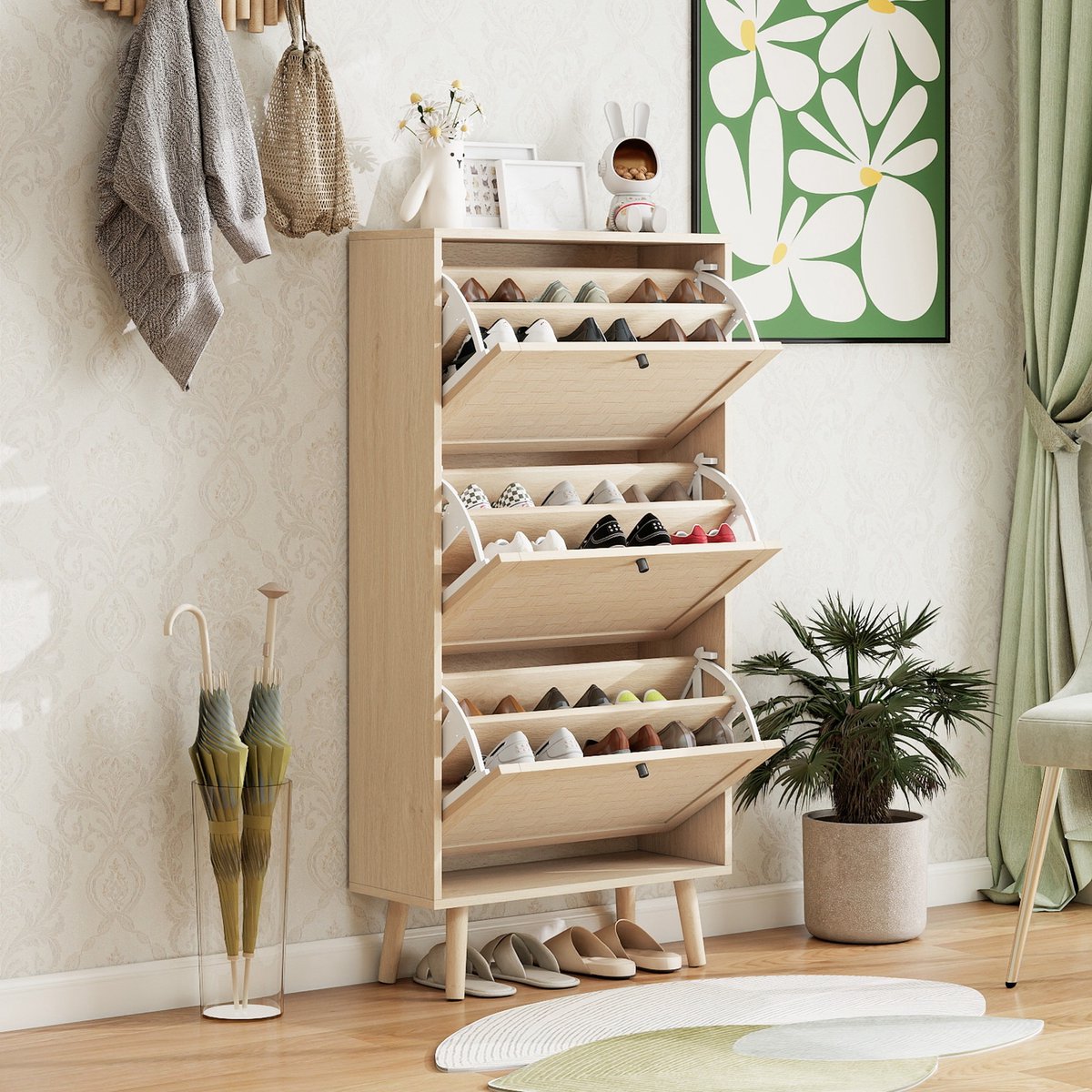 Sweiko Schoenenkast - 60x24x121 cm - 3 Rieten deuren - Dubbele planken - Natuurlijk (4812156337345)