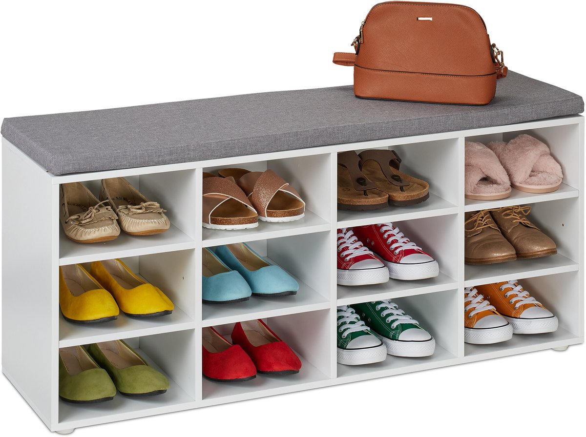 schoenenkast met zitkussen - 12 vakken - 48x104x30 cm - wit-grijs (4052025865160)