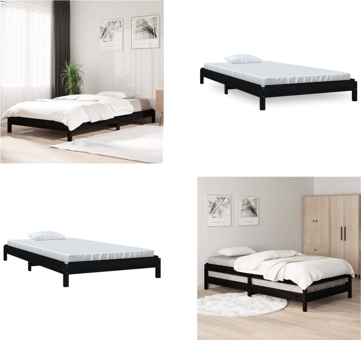 vidaXL Bed stapelbaar 90x200 cm massief grenenhout zwart - Stapelbaar Bed - Stapelbare Bedden - Slaapmeubel - Bedframe (8721115288726)