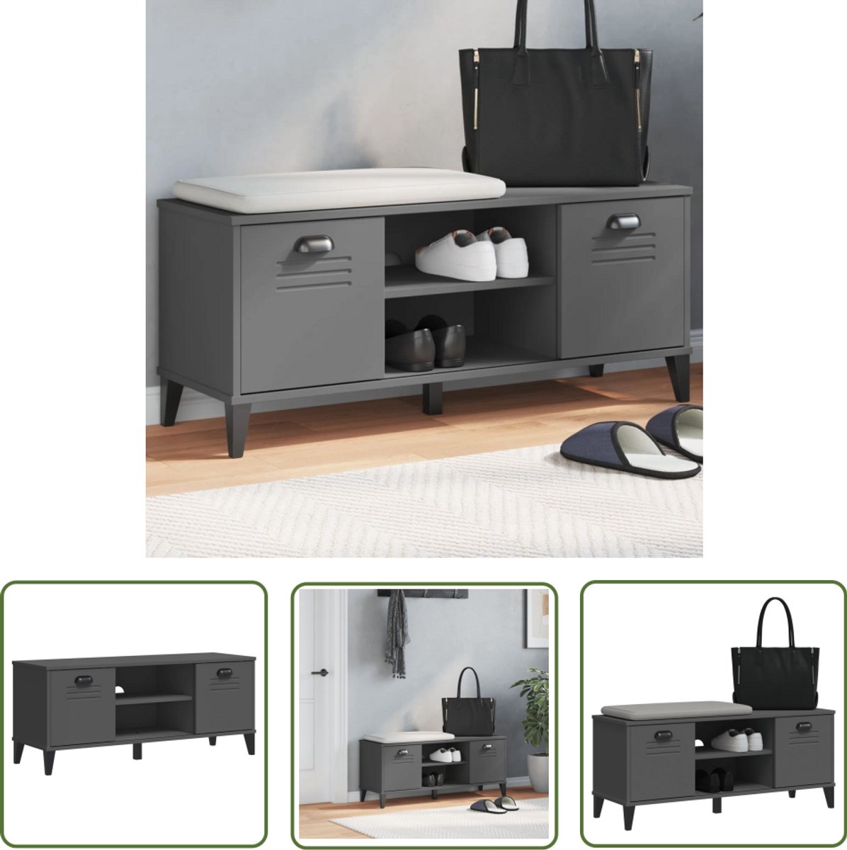 vidaXL Houten Schoenenbank - Schoenenbank - Schoenenbank VIKEN 106x35x45 cm bewerkt hout antracietgrijs - Antraciet Grijze Schoenenbank - Opbergbench - Entree Bench (8721194407001)