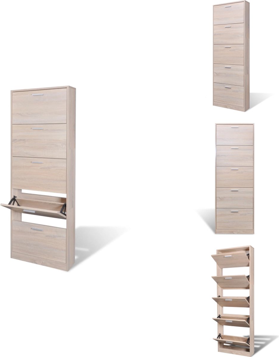 vidaXL Houten Schoenenkast - Houten Schoenenkasten - Schoenenkast - Schoenenkasten - Schoenenkast hout met 5 opbergvakken eiken-look (8721032943142)