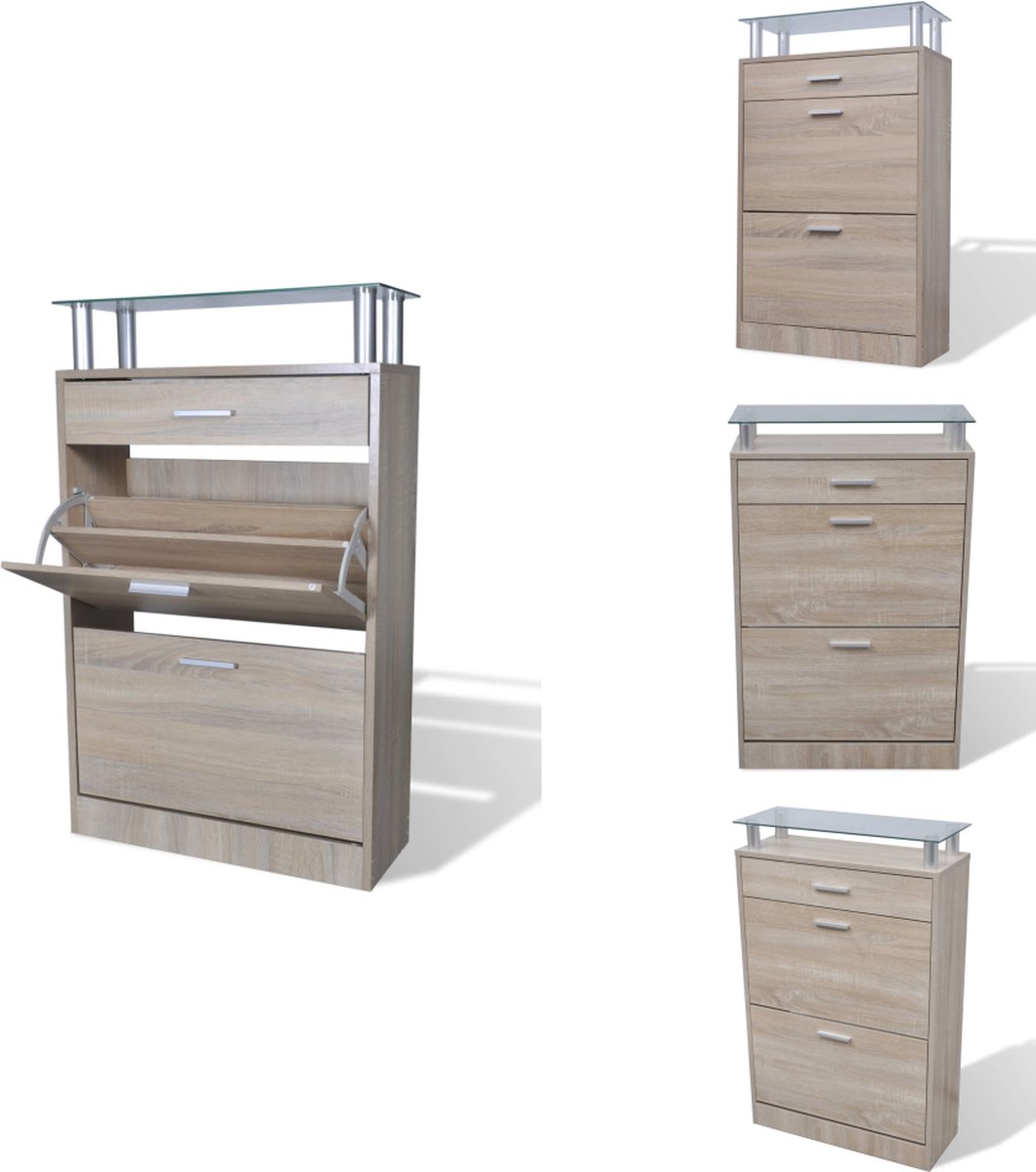 vidaXL Houten Schoenenkast - Houten Schoenenkasten - Schoenenkast - Schoenenkasten - Schoenenkast met lade en glazen bovenschap eiken-look (8721032943470)