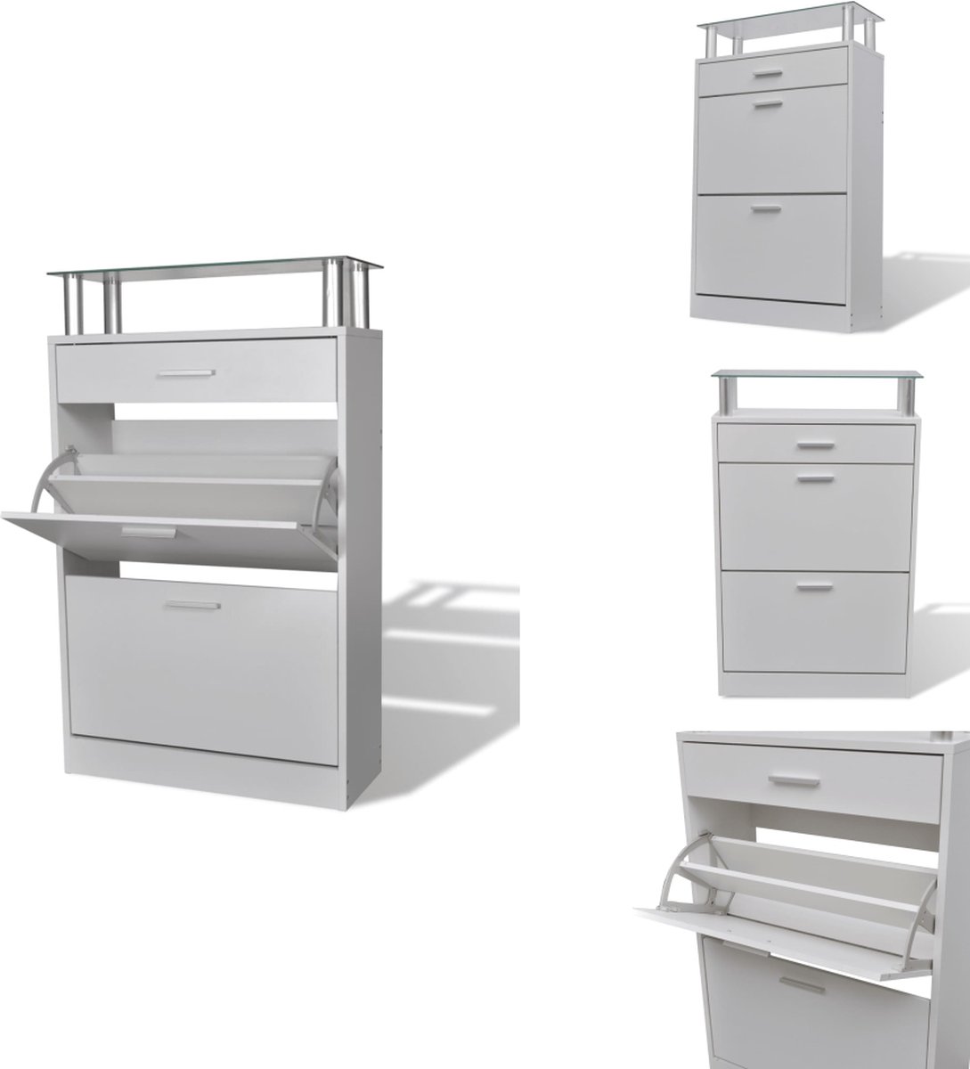 vidaXL Houten Schoenenkast - Houten Schoenenkasten - Schoenenkast - Schoenenkasten - Schoenenkast met lade en glazen schap wit hout (8721032944941)