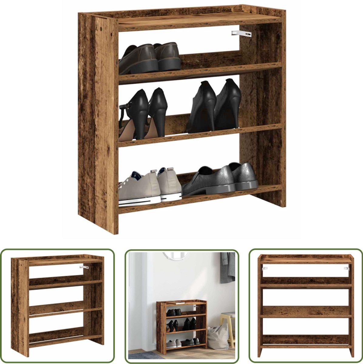 vidaXL Houten Schoenenkast - Schoenenrek - Schoenenrek 60x25x62 cm bewerkt hout oud houtkleurig - Schoenenopbergers - Vintage Schoenenrek - Entryway Furniture (8025340892728)
