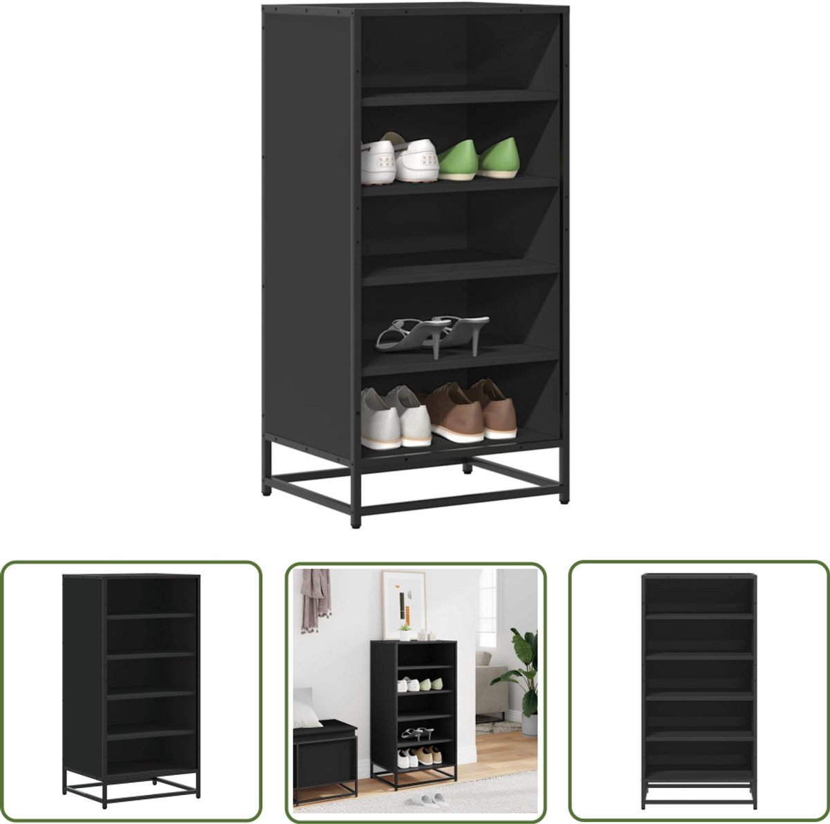 vidaXL Houten Schoenenrek - Schoenenrek - Schoenenrek 48x38x97,5 cm bewerkt hout zwart - Schoenenopbergers - Entryway Furniture - Kast (8028506503391)