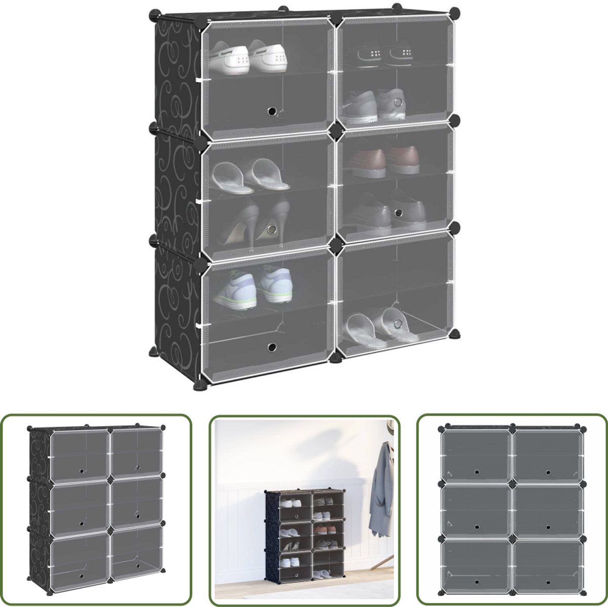 vidaXL Kast - Opbergmeubel - Opbergmeubel met 6 vakken en deuren polypropeen zwart - Opslagruimte - Organisator - Polypropyleen (8025340911504)