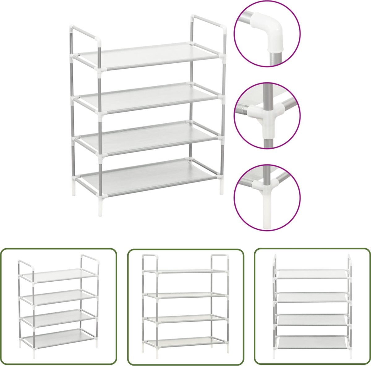 vidaXL Minimalistisch Design - Schoenenrek - Schoenenrek met 4 schappen metaal en nonwoven stof zilverkleur - Opbergruimte - Schoenuitlegger - Schoenenkasten (8721032095018)