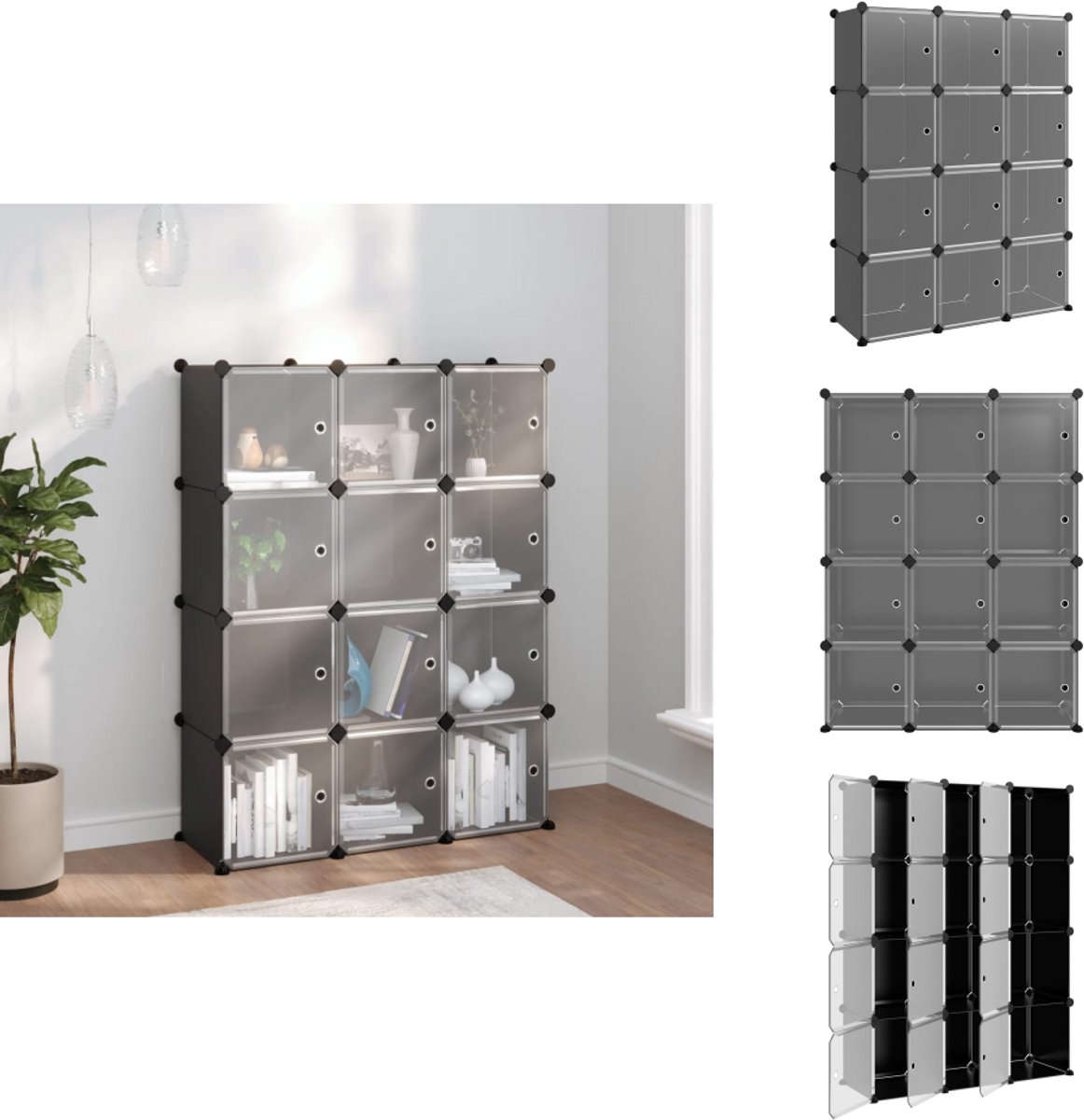 vidaXL Opbergmeubel - Opbergmeubelen - Opberger - Opbergkast - Opbergmeubel met 12 vakken en deuren polypropeen zwart (8721032944569)