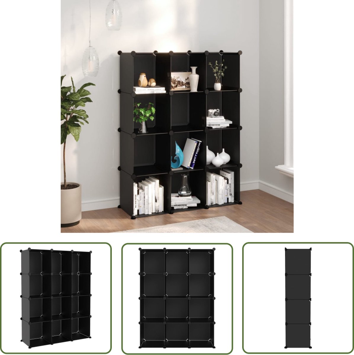 vidaXL Opbergsysteem - Opbergmeubel - Opbergmeubel met 12 vakken polypropeen zwart - Plastic Kast - Zwarte Opbergbox - Multifunctionele Opbergers (8721031227854)