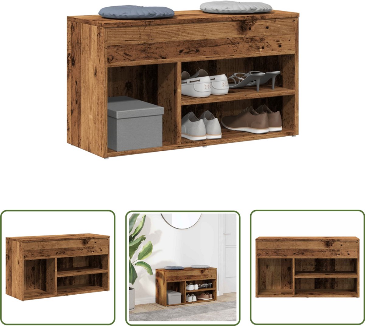vidaXL Schoenen Kast - Schoenenbank - Schoenenbank 80x30x45 cm bewerkt hout oud houtkleurig - Houten Schoenenbank - Vintage Schoenenbank - Opbergbench (8028506402052)