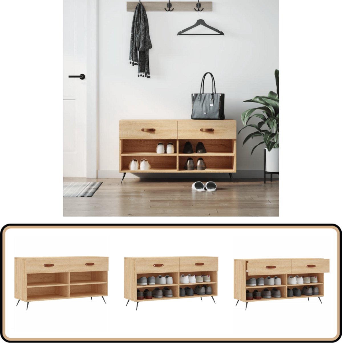 vidaXL Schoenenbank 102x35x55 cm Sonoma Eiken Schoenenbank - Schoenuitlegger - Bergruimte - Houten Bank - Bruine Bank (8135001877268)