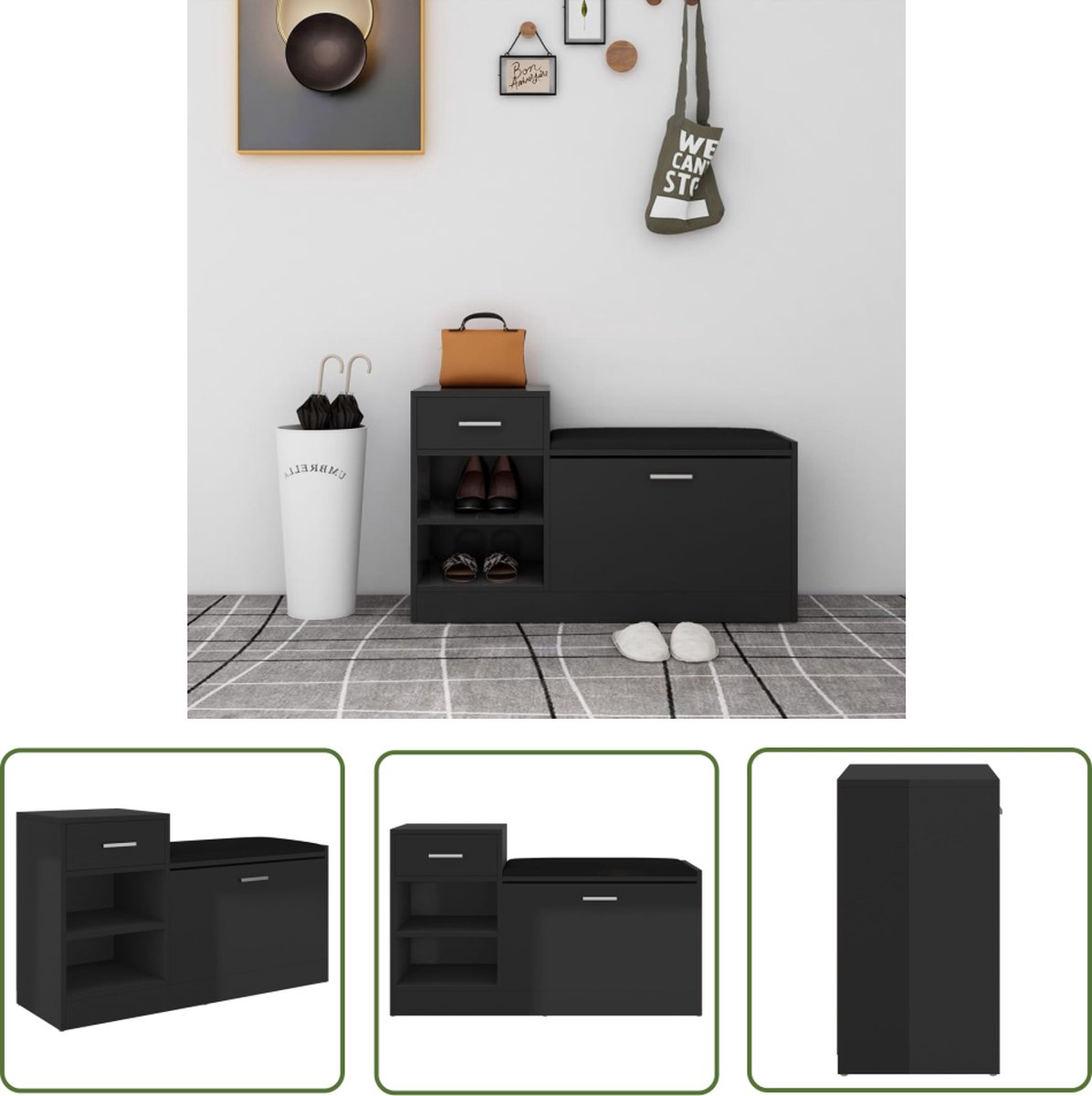 vidaXL Schoenenbank 94,5x31x57 cm bewerkt hout hoogglans zwart - Schoenenkast - Schoenenbank - Schoenuitlegers - Entree Meubilair - Opbergbenodigdheden (8721031230922)