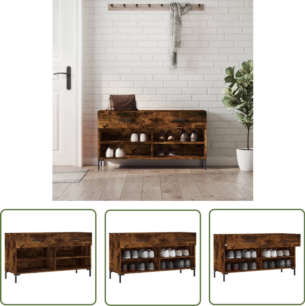 vidaXL Schoenenbank - Gerookt Eiken - 102x35x55 cm Schoenenbank - Schoenuitlegers - Houten Schoenenrek - Bergruimte - Opbergmeubel (8135001875059)