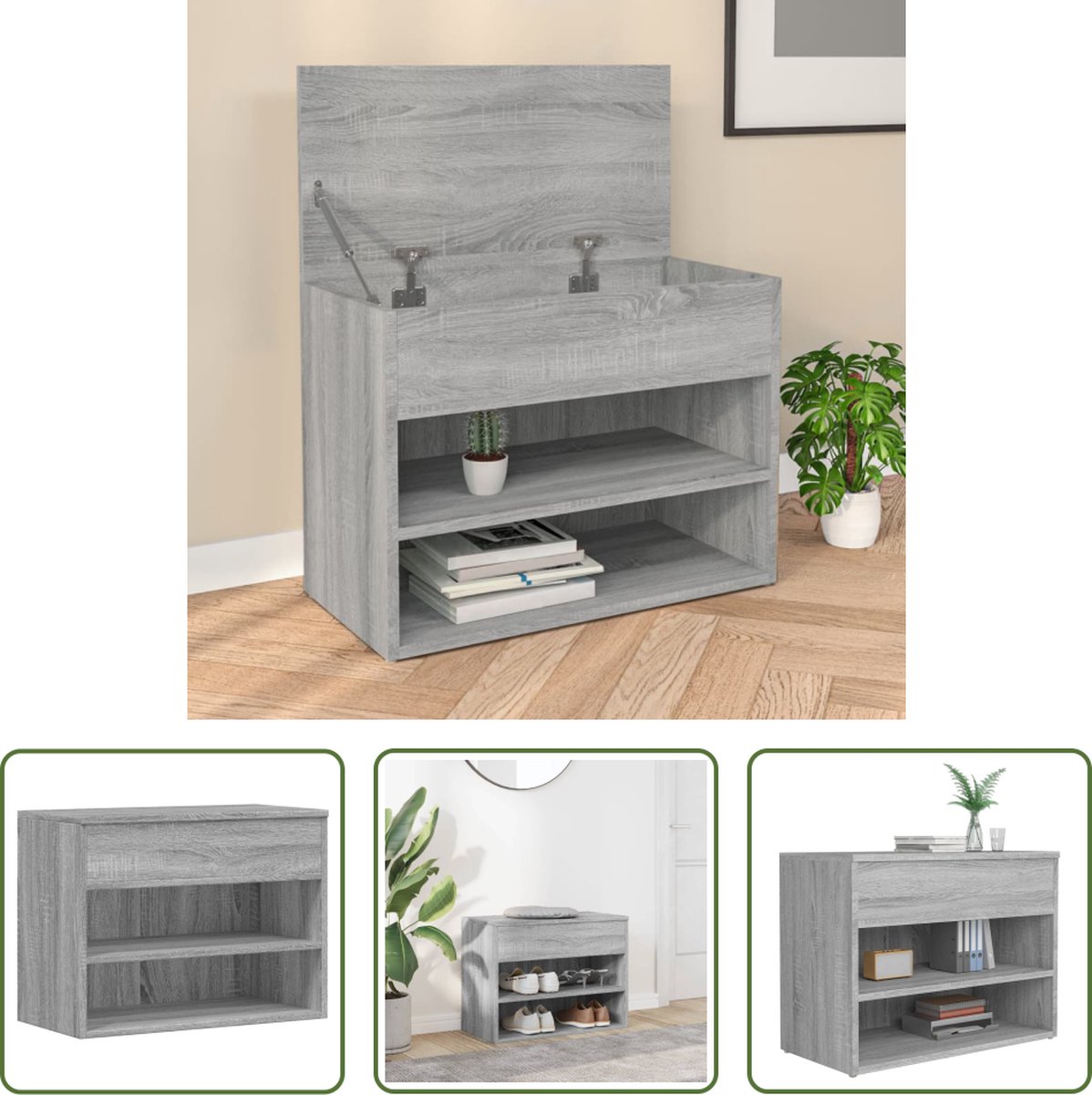 vidaXL Schoenenbank - Opbergbank - Schoenenbank 60x30x45 cm bewerkt hout grijs sonoma eikenkleurig - Schoenuwen Kast - Houten Bank - Grijze Meubels (8721031228912)