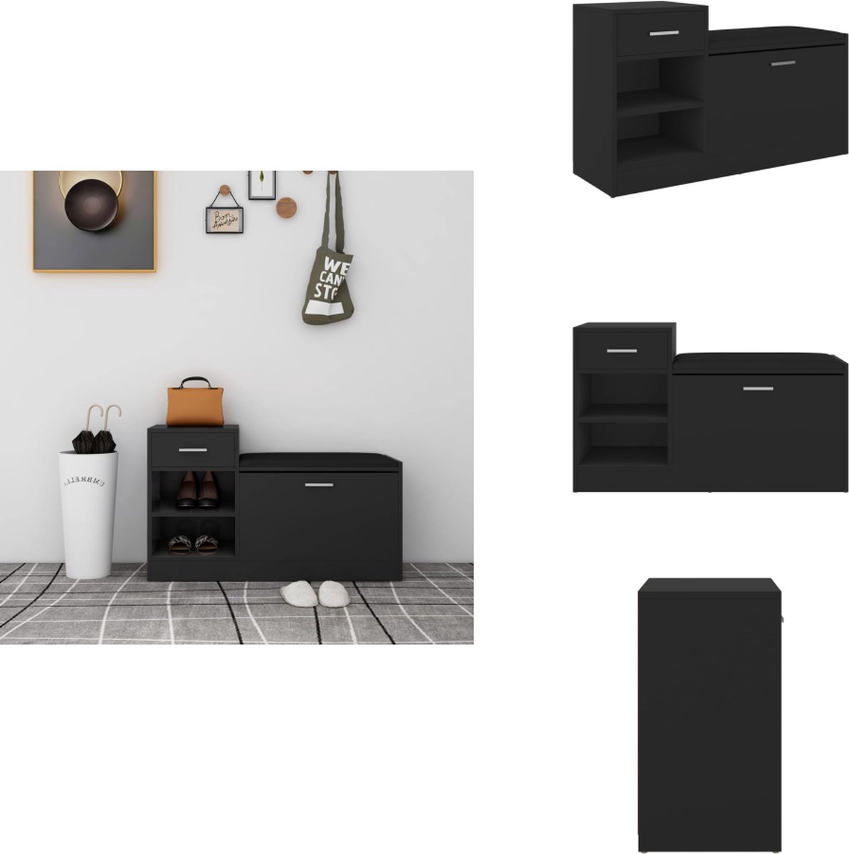 vidaXL Schoenenbank - Schoenenbanken - Schoenenbankje - Schoenenbankje - Schoenenbank 94,5x31x57 cm bewerkt hout zwart (8721032943784)